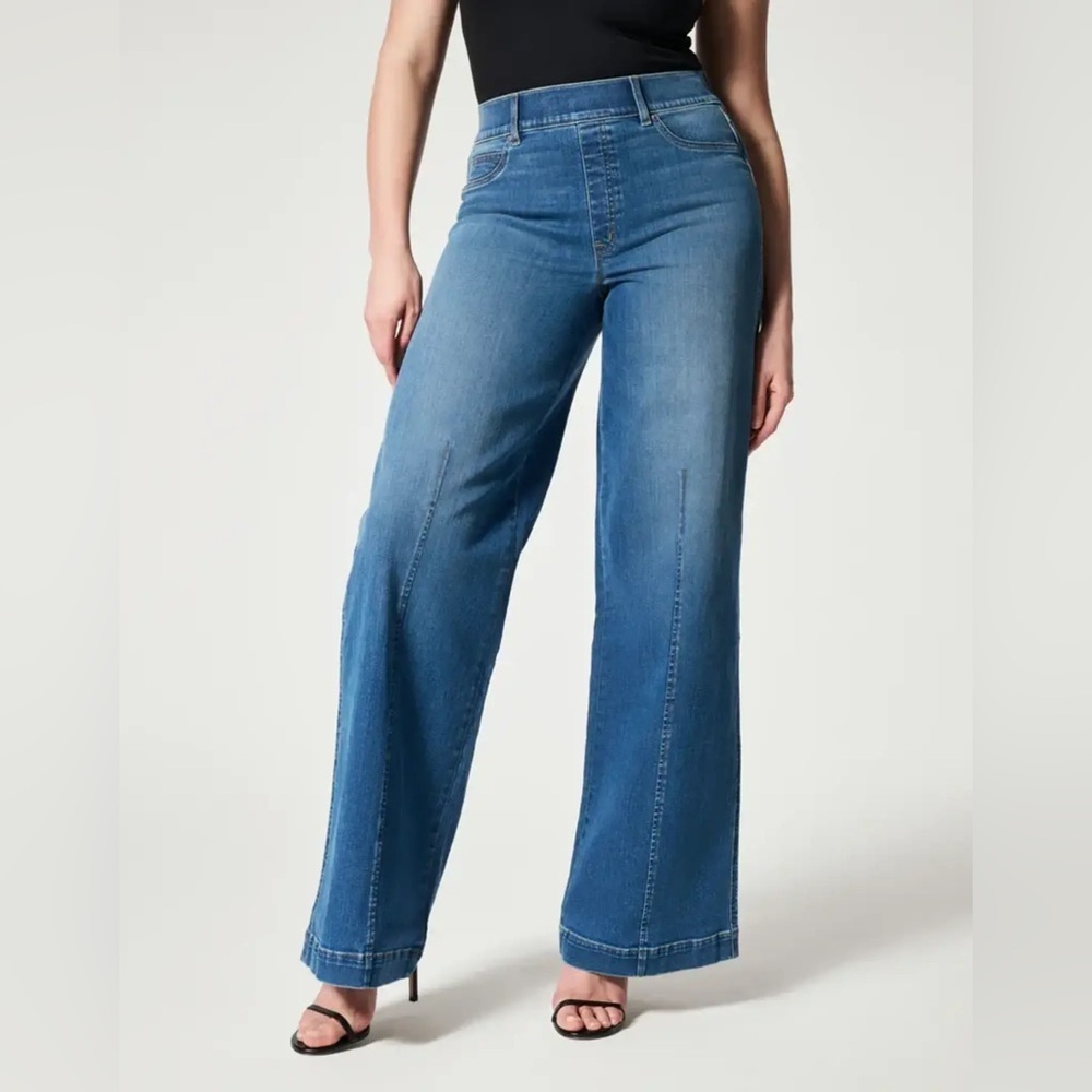 SPANX Seamed Front Wide Leg Jeans In Vintage Índigo Wash - Picture 8 of 15